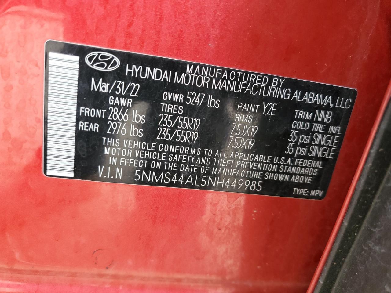 2022 Hyundai Santa Fe VIN 5NMS44AL5NH449985 Copart auction photo, side / rear end damage thumbnail 13