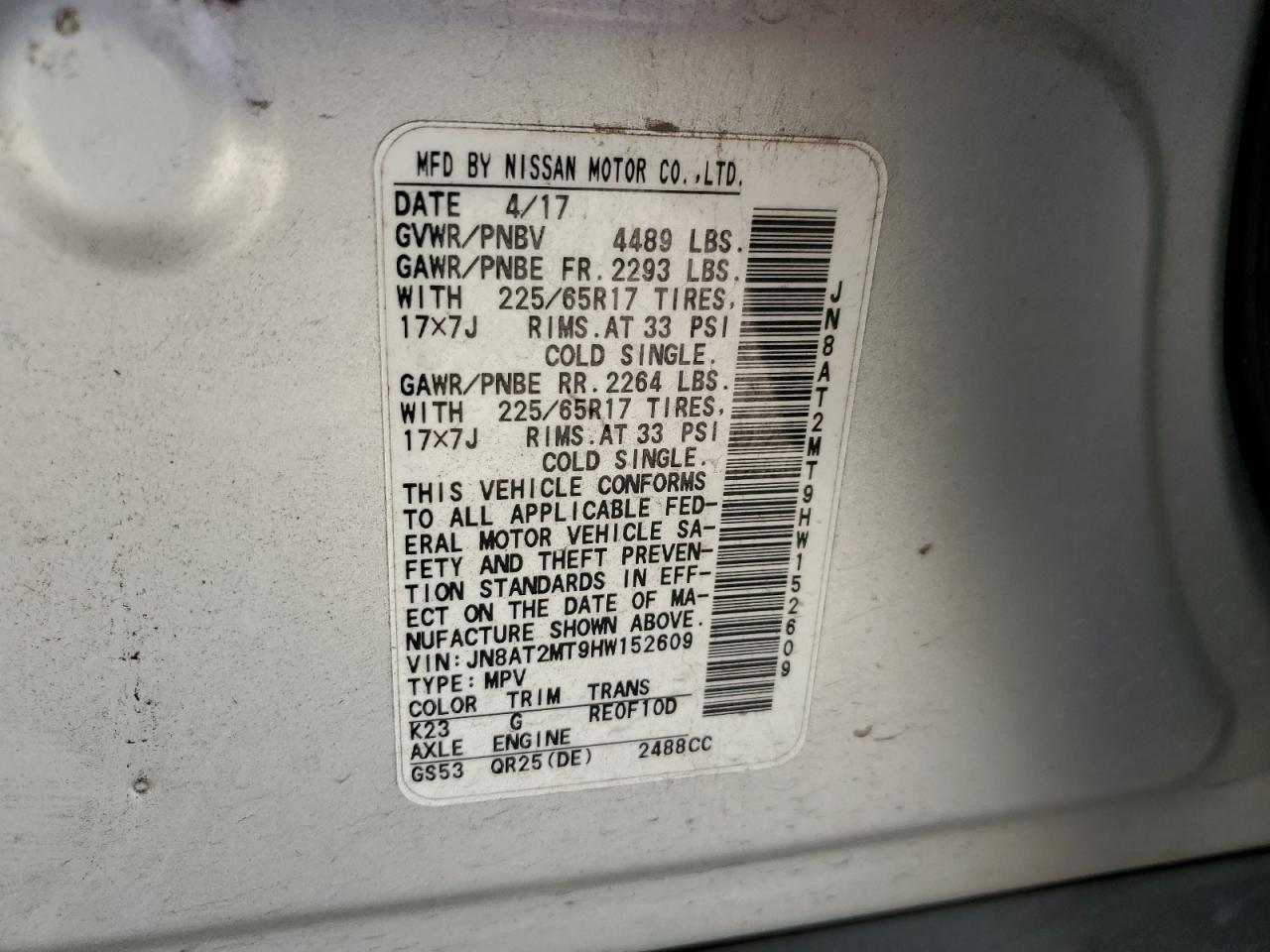 2017 Nissan Rogue VIN JN8AT2MT9HW152609 Copart auction photo, all over / undercarriage damage thumbnail 14