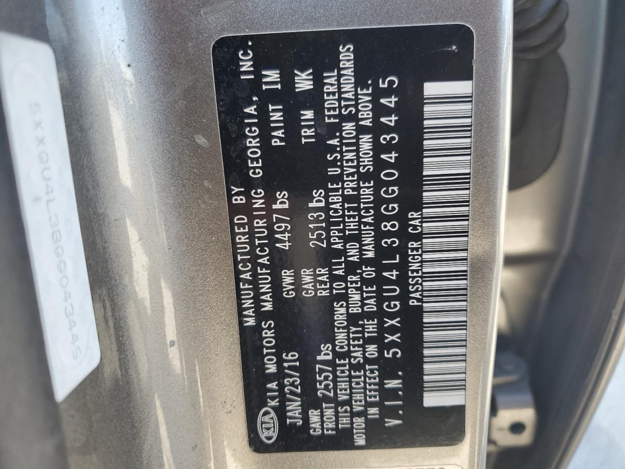 2016 KIA Optima VIN 5XXGU4L38GG043445 Copart auction photo, rear end damage thumbnail 12