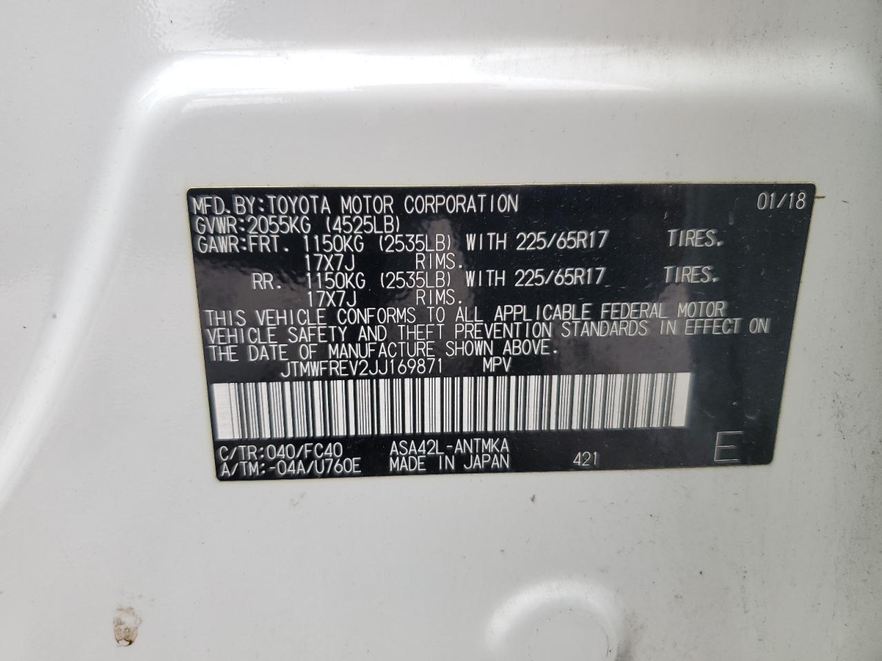 2018 Toyota RAV 4 VIN JTMWFREV2JJ169871 Copart auction photo, rear end damage thumbnail 14