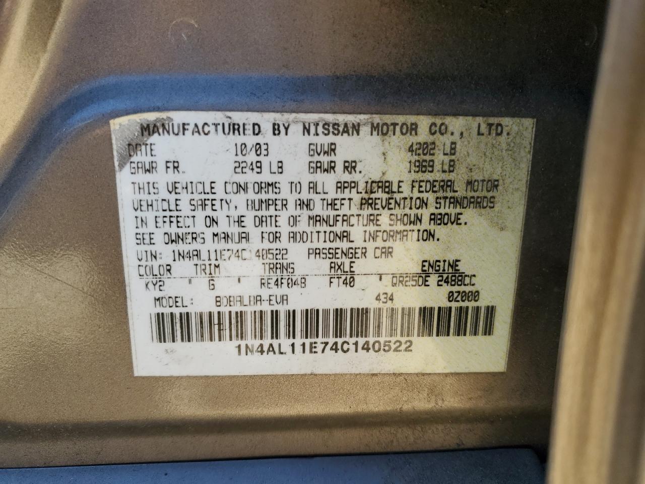 2004 Nissan Altima VIN 1N4AL11E74C140522 Copart auction photo, side damage thumbnail 12