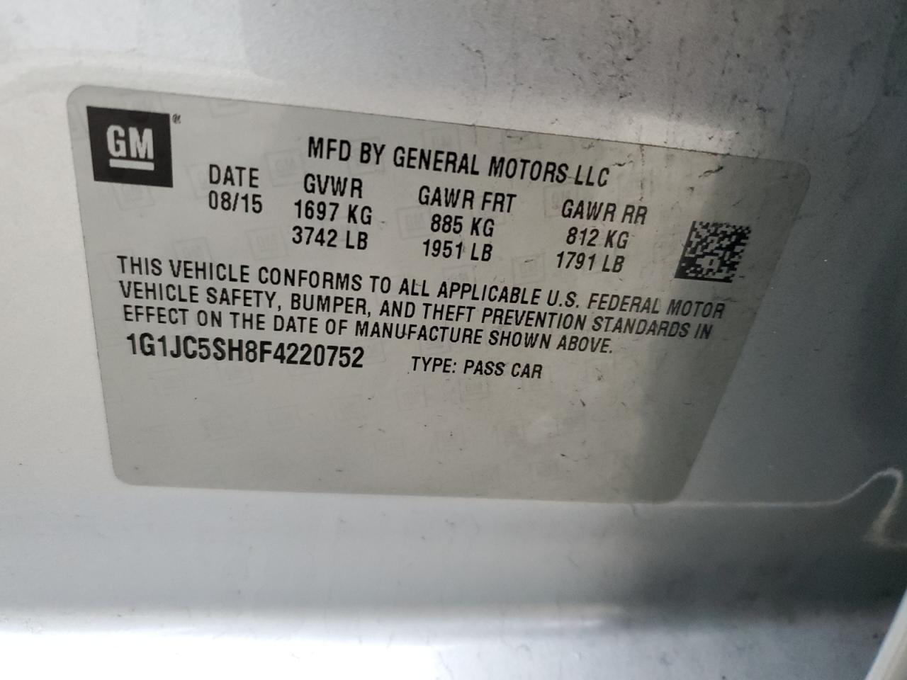 2015 Chevrolet Sonic VIN 1G1JC5SH8F4220752 Copart auction photo, mechanical / front end damage thumbnail 13