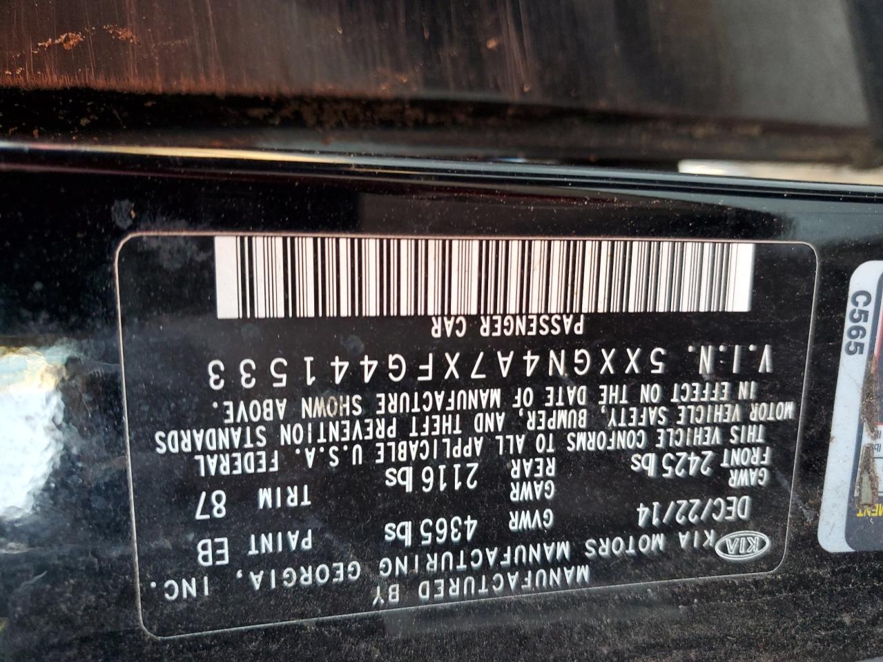 2015 KIA Optima VIN 5XXGN4A7XFG441533 Copart auction photo, all over damage thumbnail 14