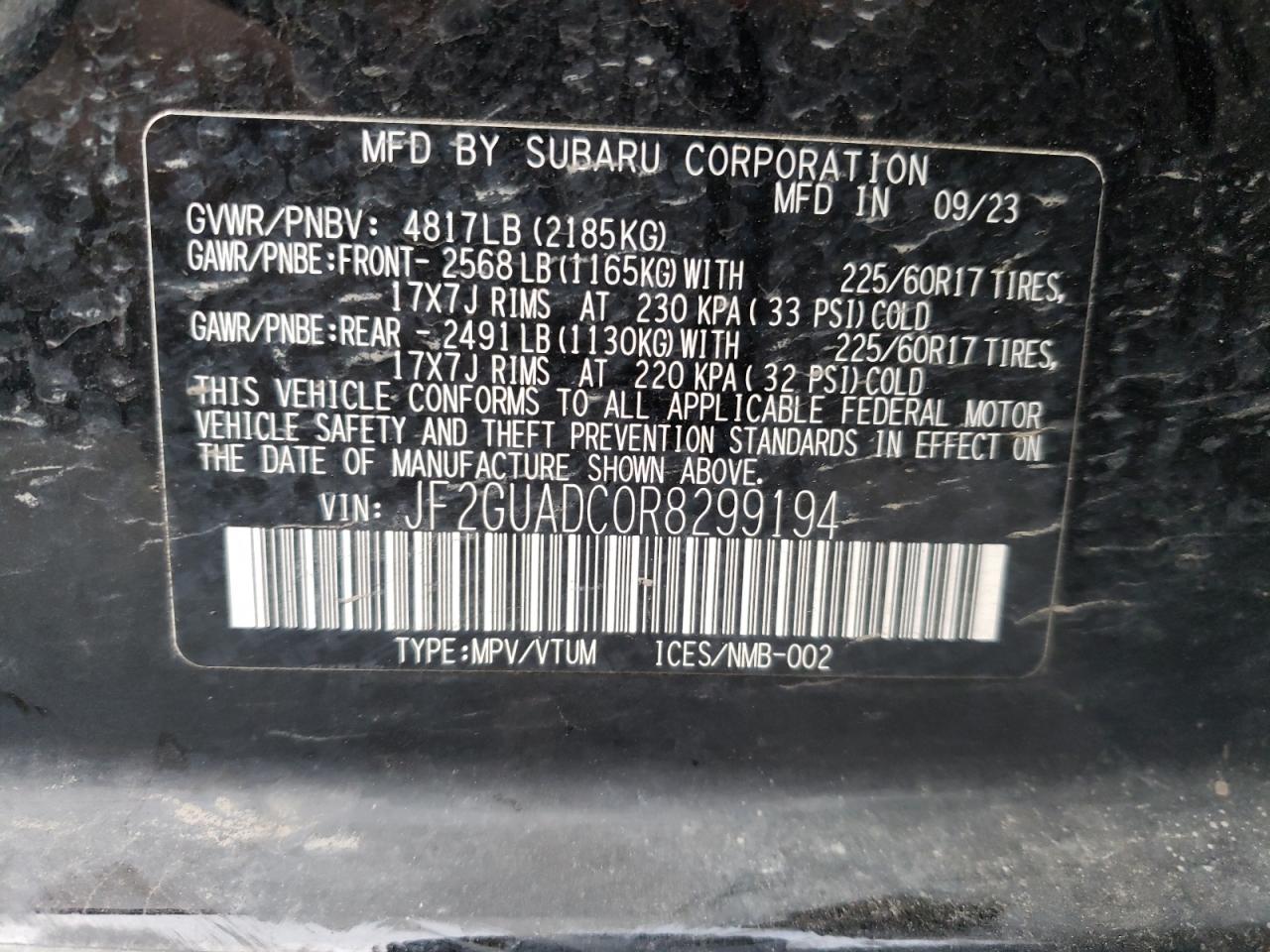 2024 Subaru XV VIN JF2GUADC0R8299194 Copart auction photo, front end damage thumbnail 13