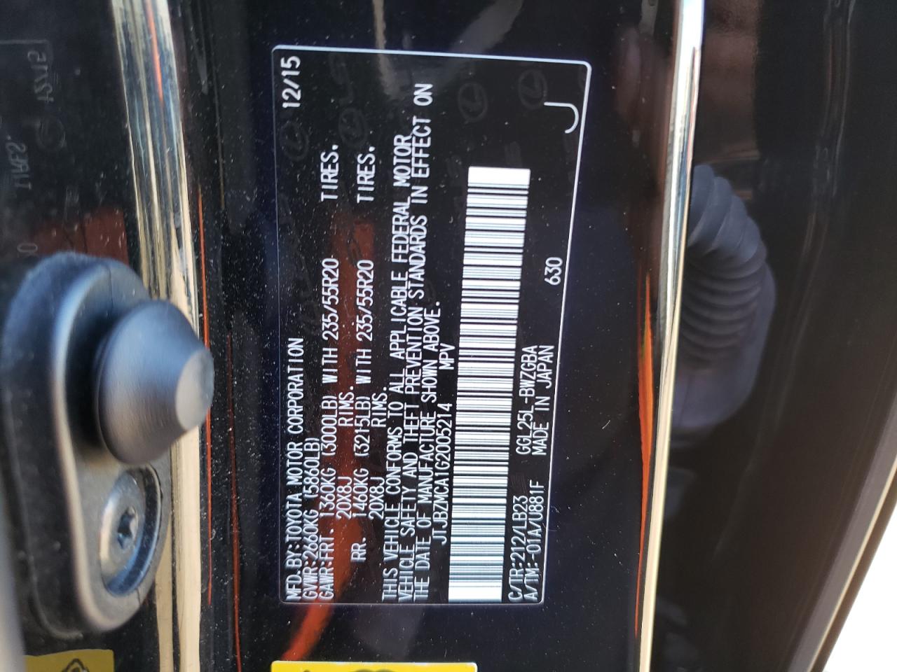 2016 Lexus RX VIN JTJBZMCA1G2005214 Copart auction photo, front end / undercarriage damage thumbnail 15