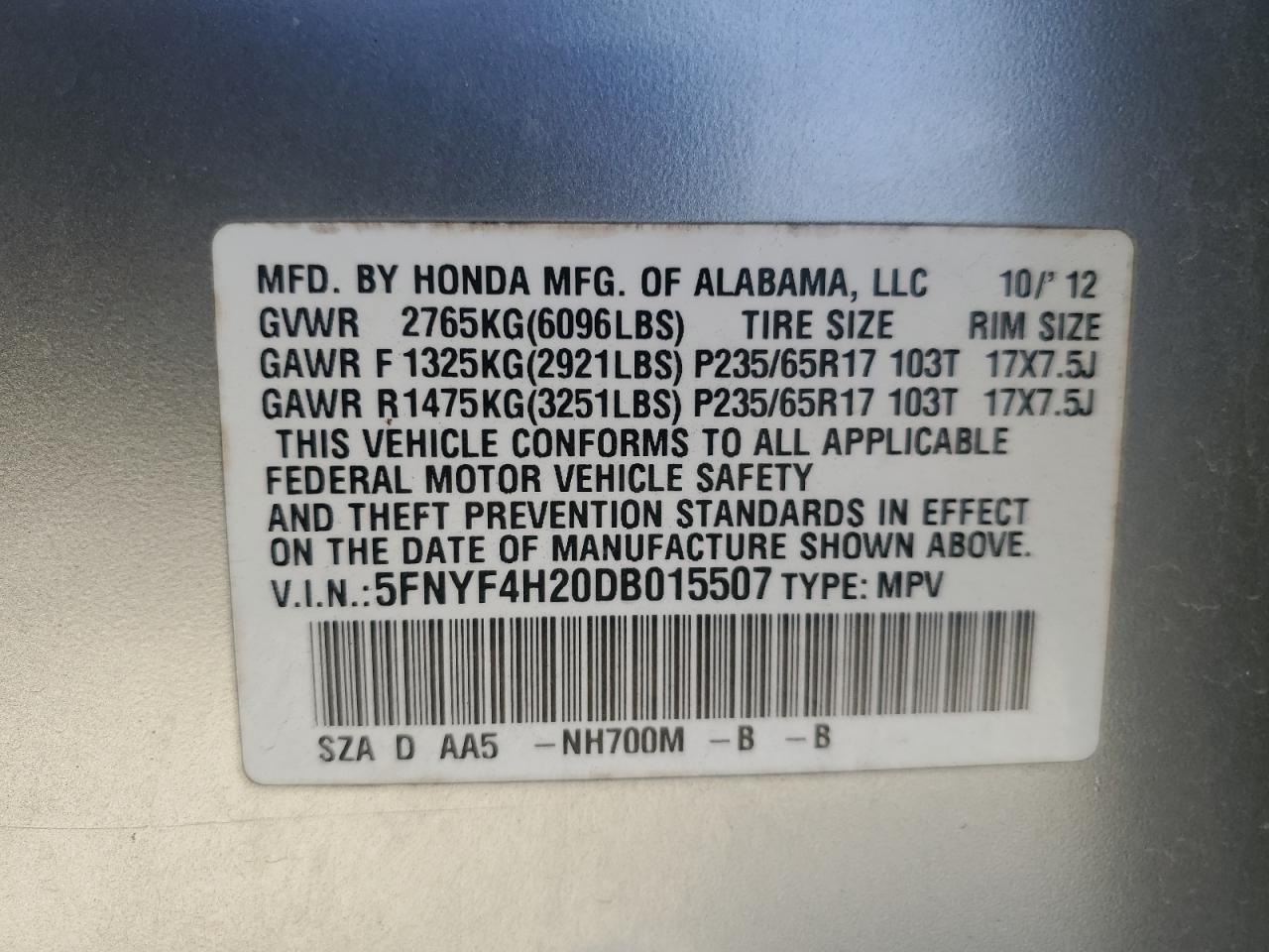 2013 Honda Pilot VIN 5FNYF4H20DB015507 Copart auction photo, top/roof damage thumbnail 14