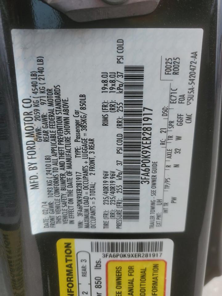 2014 Ford Fusion VIN 3FA6P0K9XER281917 Copart auction photo, rear end damage thumbnail 13