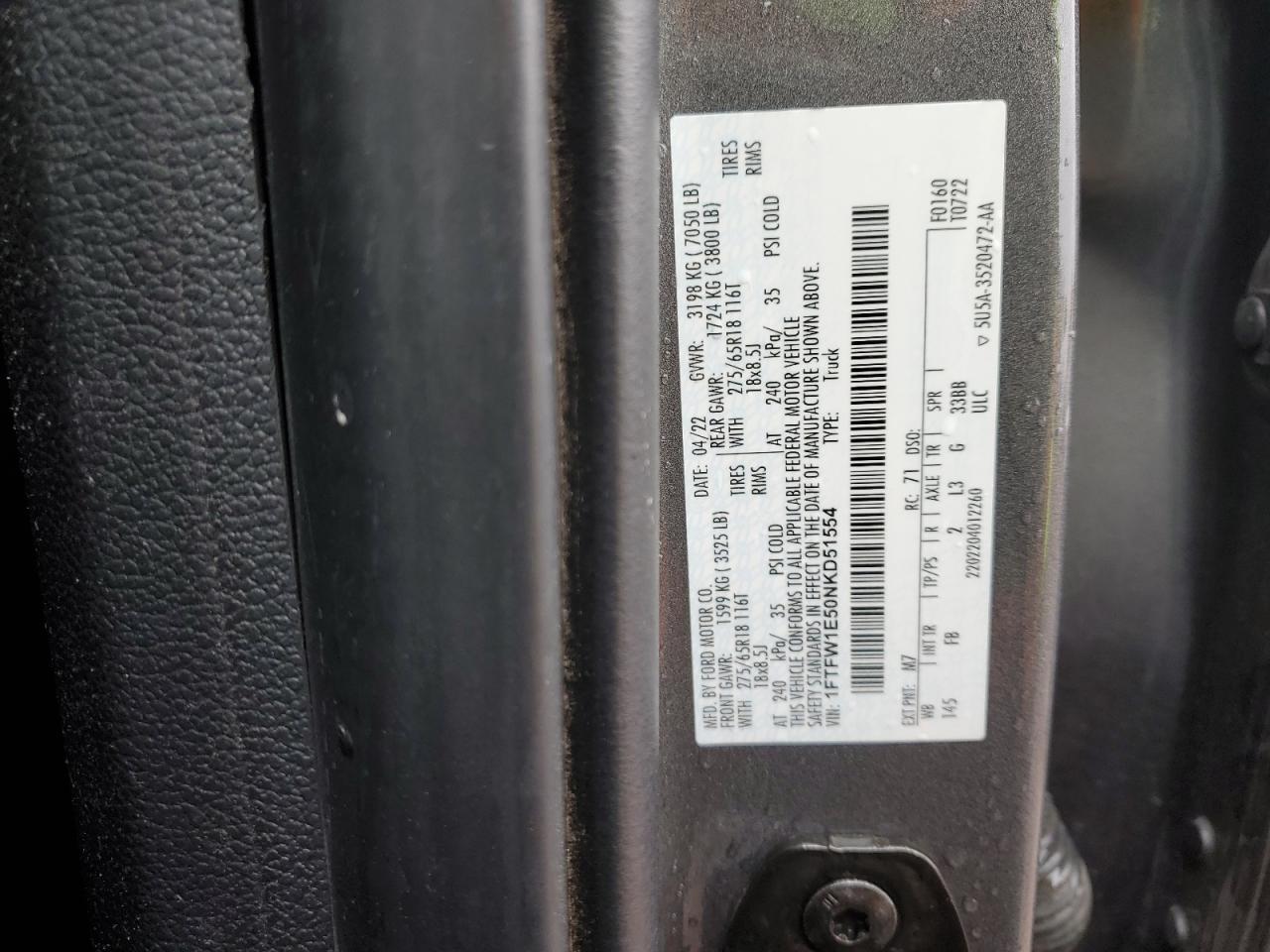 2022 Ford F-150 VIN 1FTFW1E50NKD51554 Copart auction photo, side / front end damage thumbnail 12