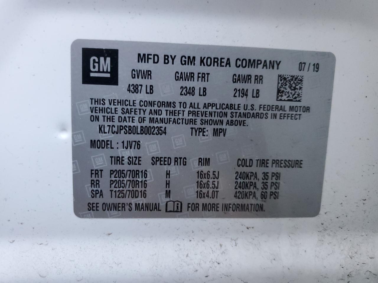 2020 Chevrolet Trax VIN KL7CJPSB0LB002354 Copart auction photo, rear end damage thumbnail 12