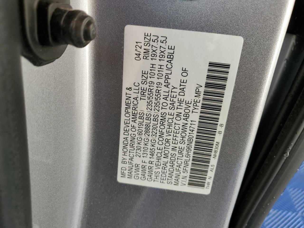 2022 Honda Odyssey VIN 5FNRL6H96NB014711 Copart auction photo, front end / minor dent/scratches damage thumbnail 14