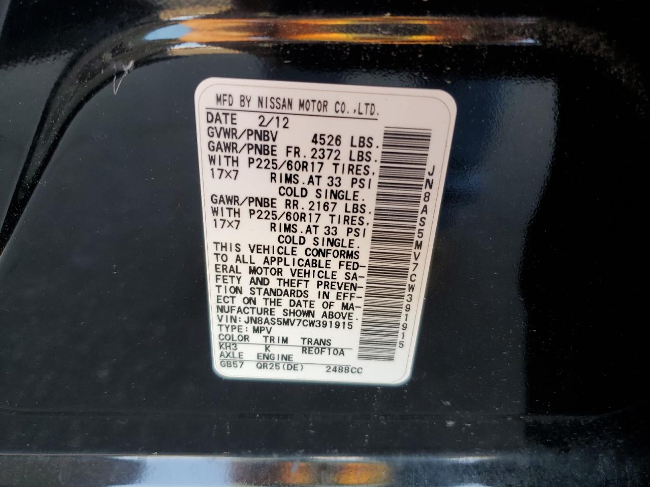 2012 Nissan Rogue VIN JN8AS5MV7CW391915 Copart auction photo, hail damage thumbnail 13