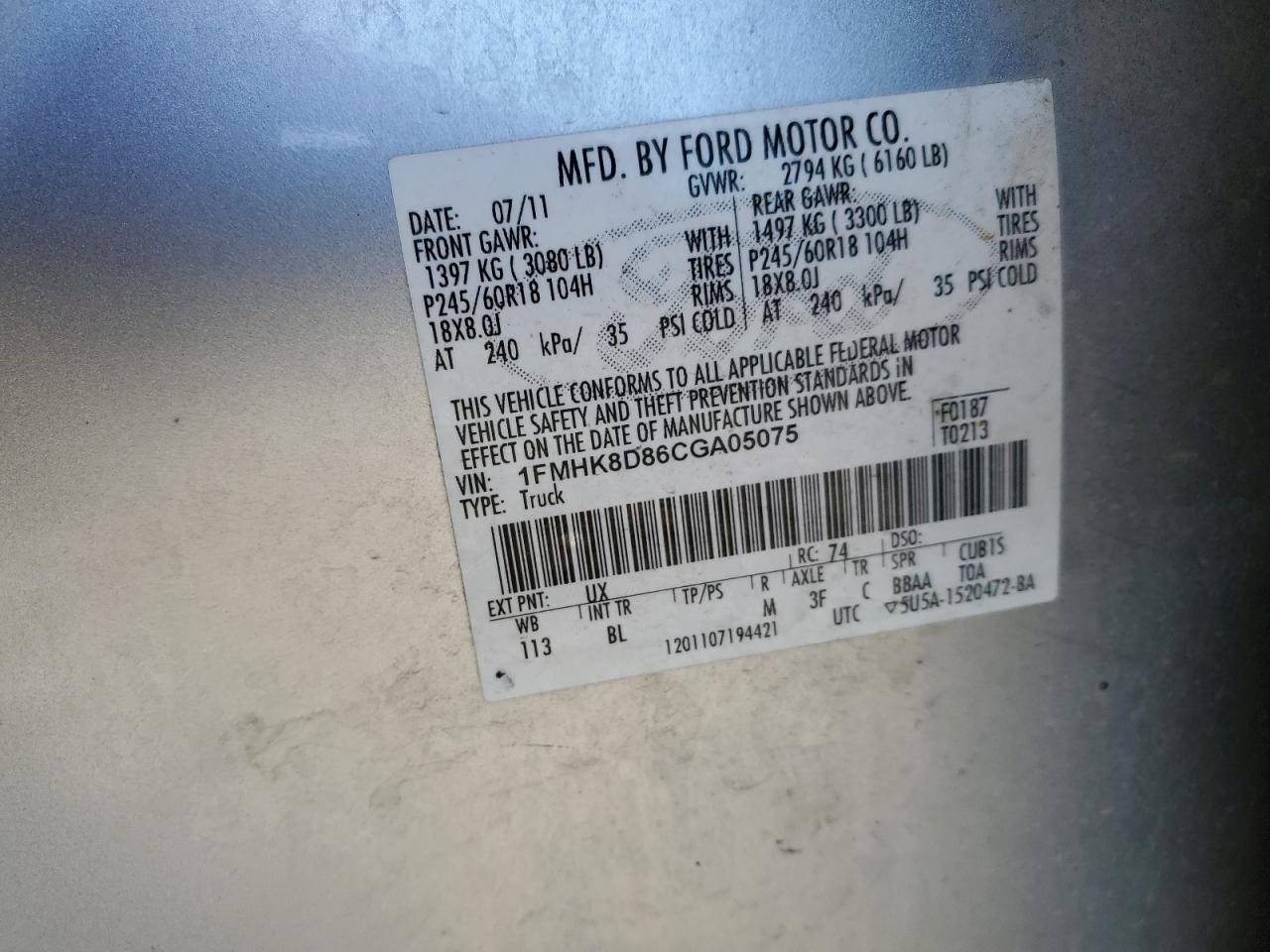 2012 Ford Explorer VIN 1FMHK8D86CGA05075 Copart auction photo, rear end damage thumbnail 15