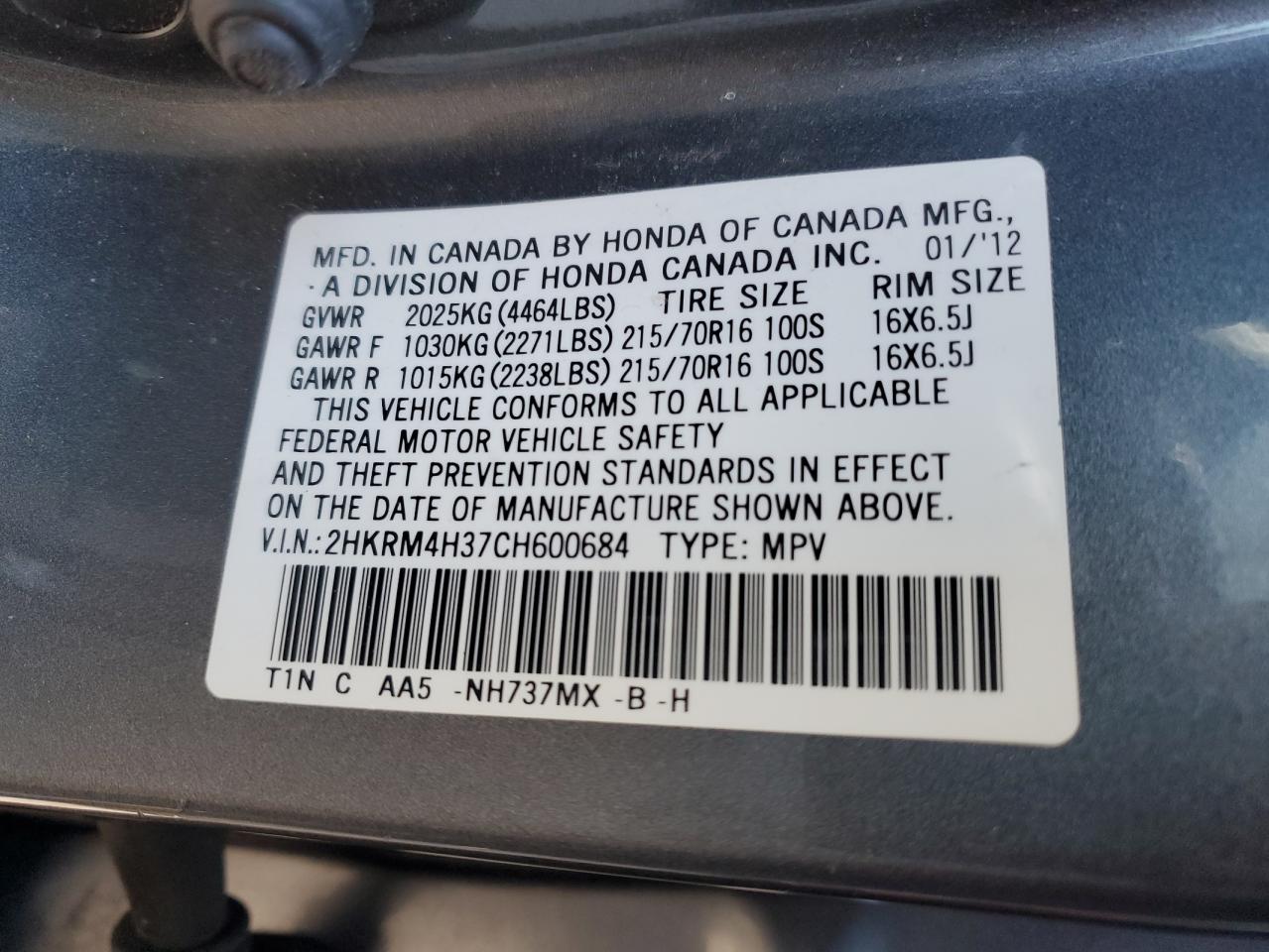 2012 Honda CR-V VIN 2HKRM4H37CH600684 Copart auction photo, front end damage thumbnail 13