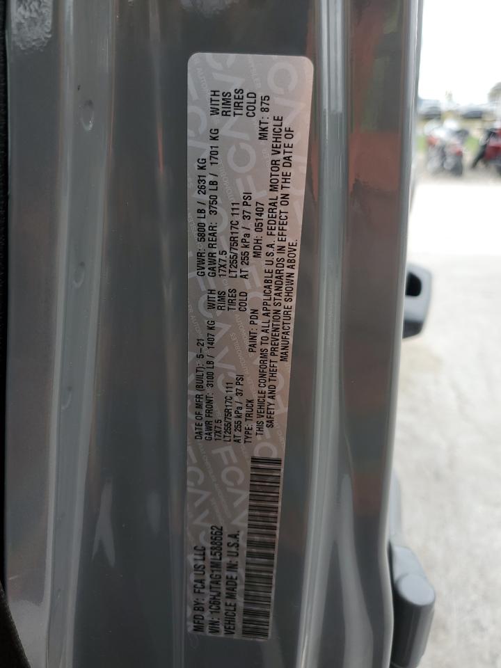 2021 Jeep Gladiator VIN 1C6HJTAG1ML588662 Copart auction photo, rear end / side damage thumbnail 12