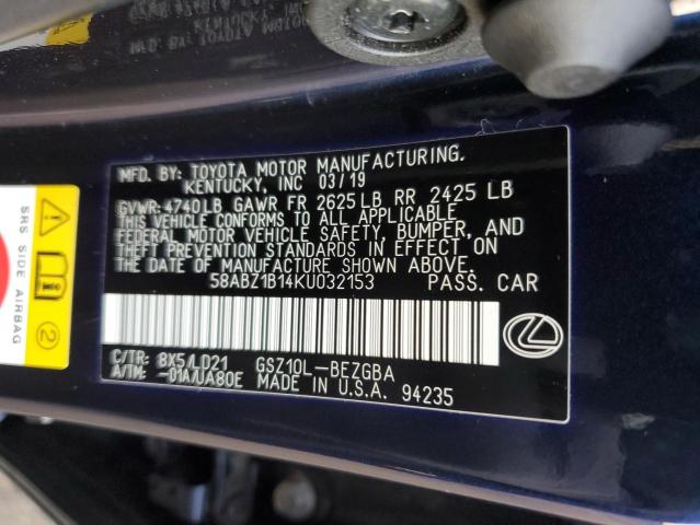 2019 Lexus ES VIN 58ABZ1B14KU032153 Copart auction photo, normal wear damage thumbnail 12