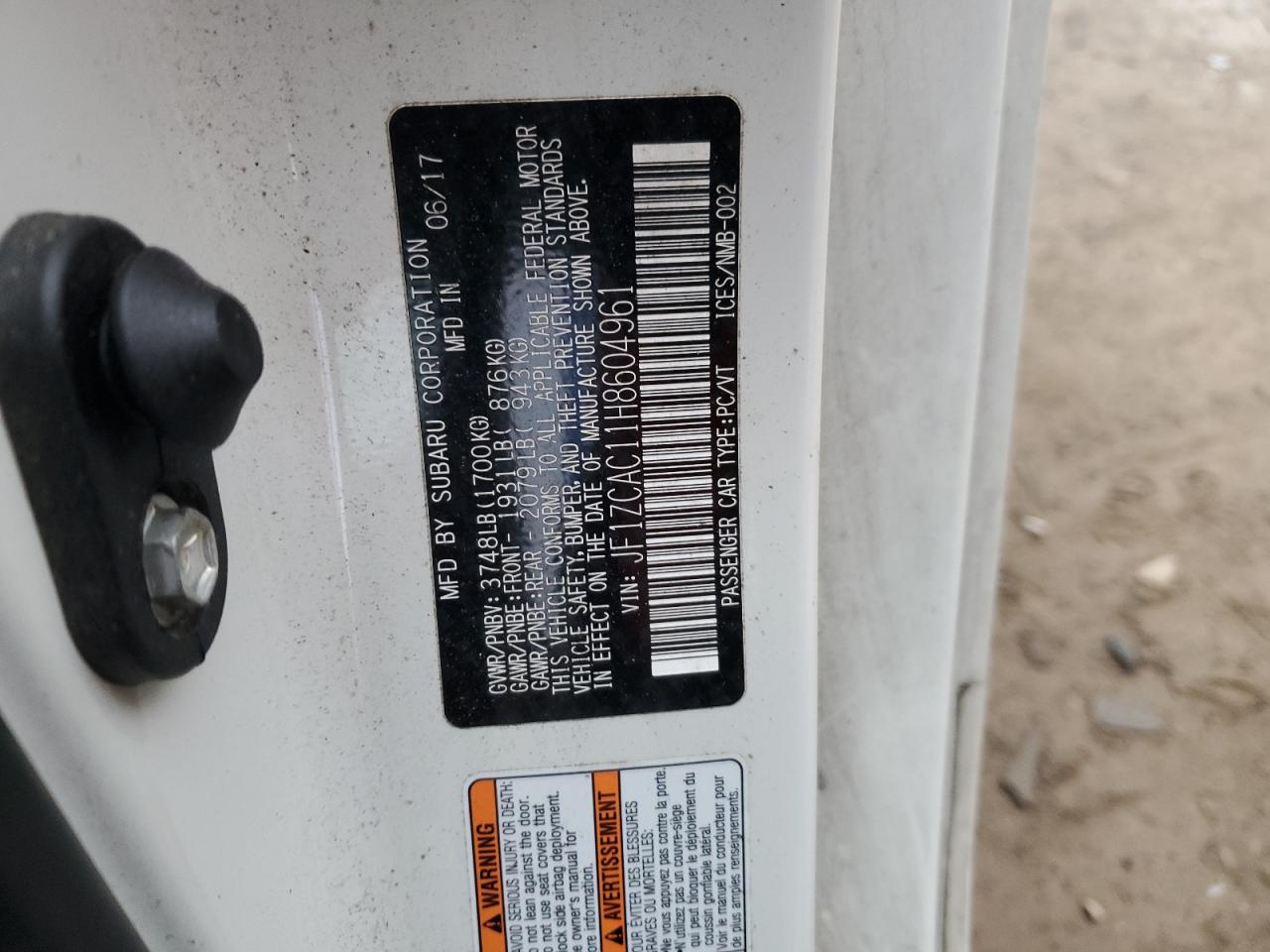 2017 Subaru BRZ VIN JF1ZCAC11H8604961 Copart auction photo, side / rear end damage thumbnail 12