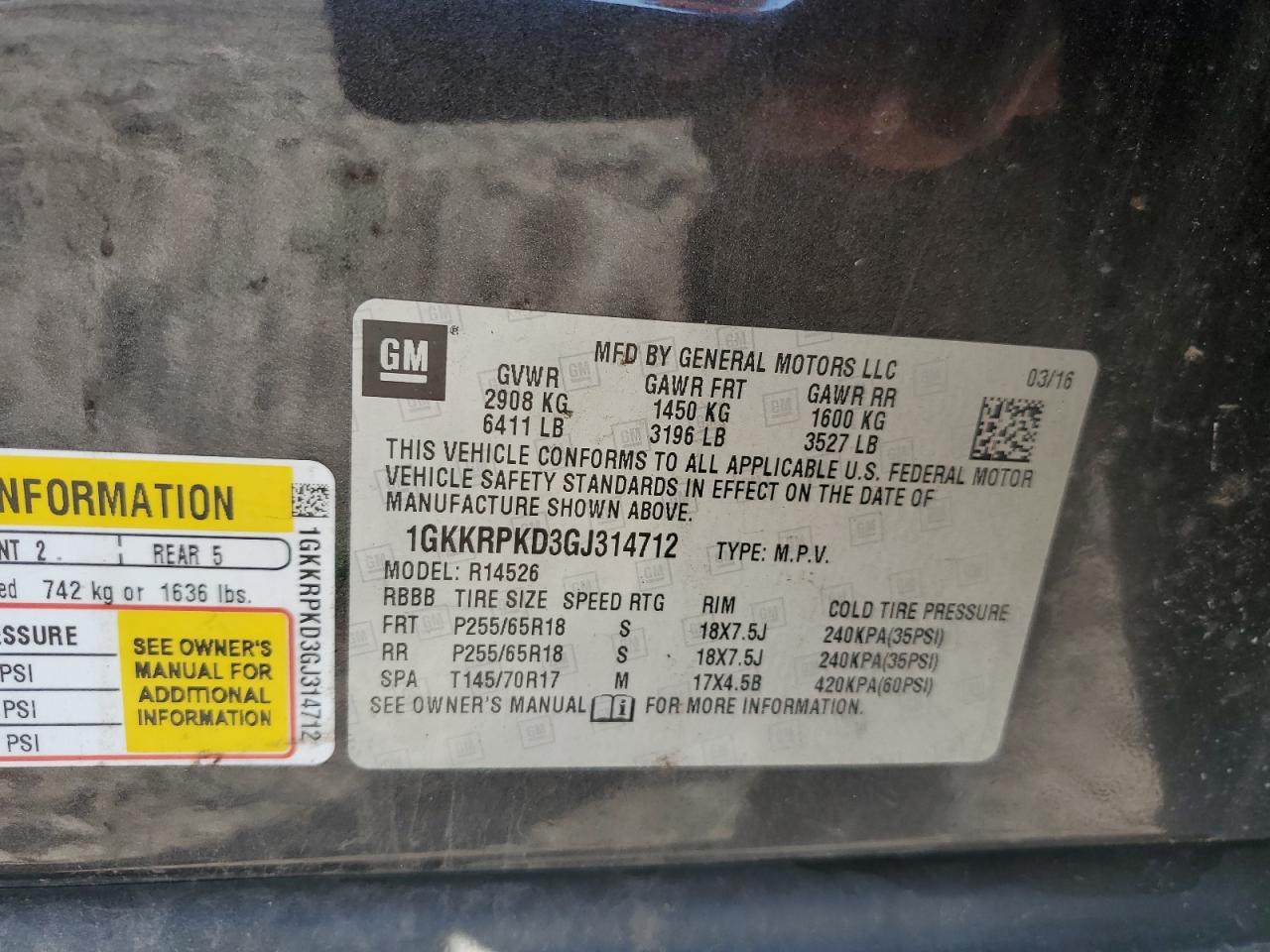 2016 GMC Acadia VIN 1GKKRPKD3GJ314712 Copart auction photo, side / rear end damage thumbnail 13