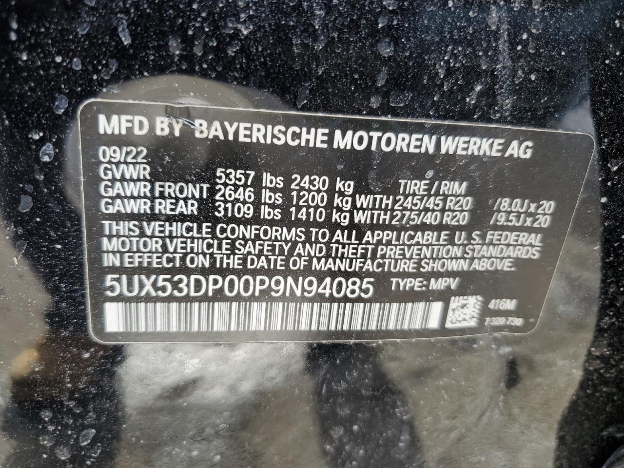2023 BMW X3 VIN 5UX53DP00P9N94085 Copart auction photo, all over damage thumbnail 13