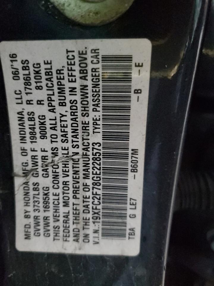 2016 Honda Civic VIN 19XFC2F78GE228573 Copart auction photo, rear end damage thumbnail 13