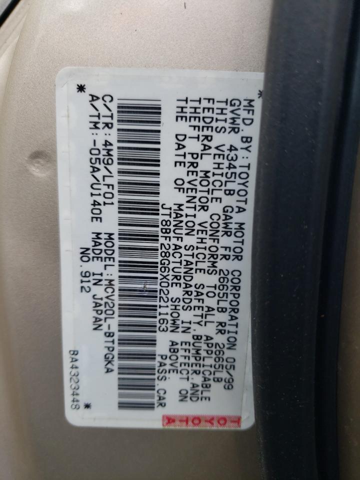 1999 Lexus ES VIN JT8BF28G6X0221163 Copart auction photo, front end damage thumbnail 12