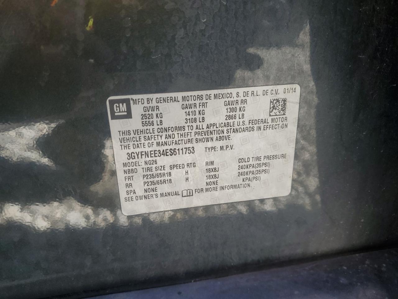 2014 Cadillac SRX VIN 3GYFNEE34ES611753 Copart auction photo, front end damage thumbnail 14