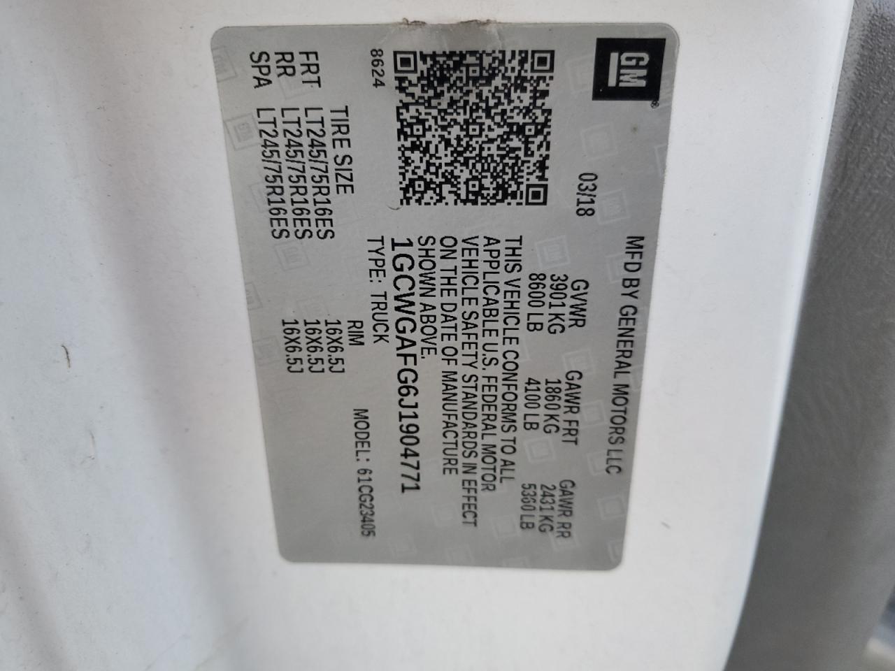 2018 Chevrolet Express VIN 1GCWGAFG6J1904771 Copart auction photo, mechanical damage thumbnail 13