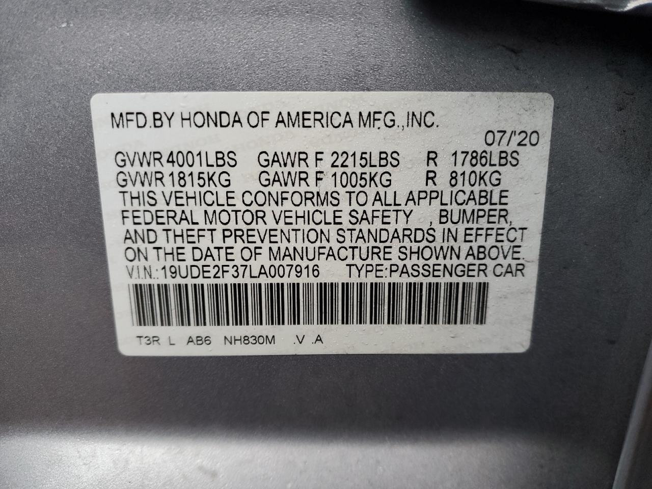 2020 Acura ILX VIN 19UDE2F37LA007916 Copart auction photo, front end damage thumbnail 13