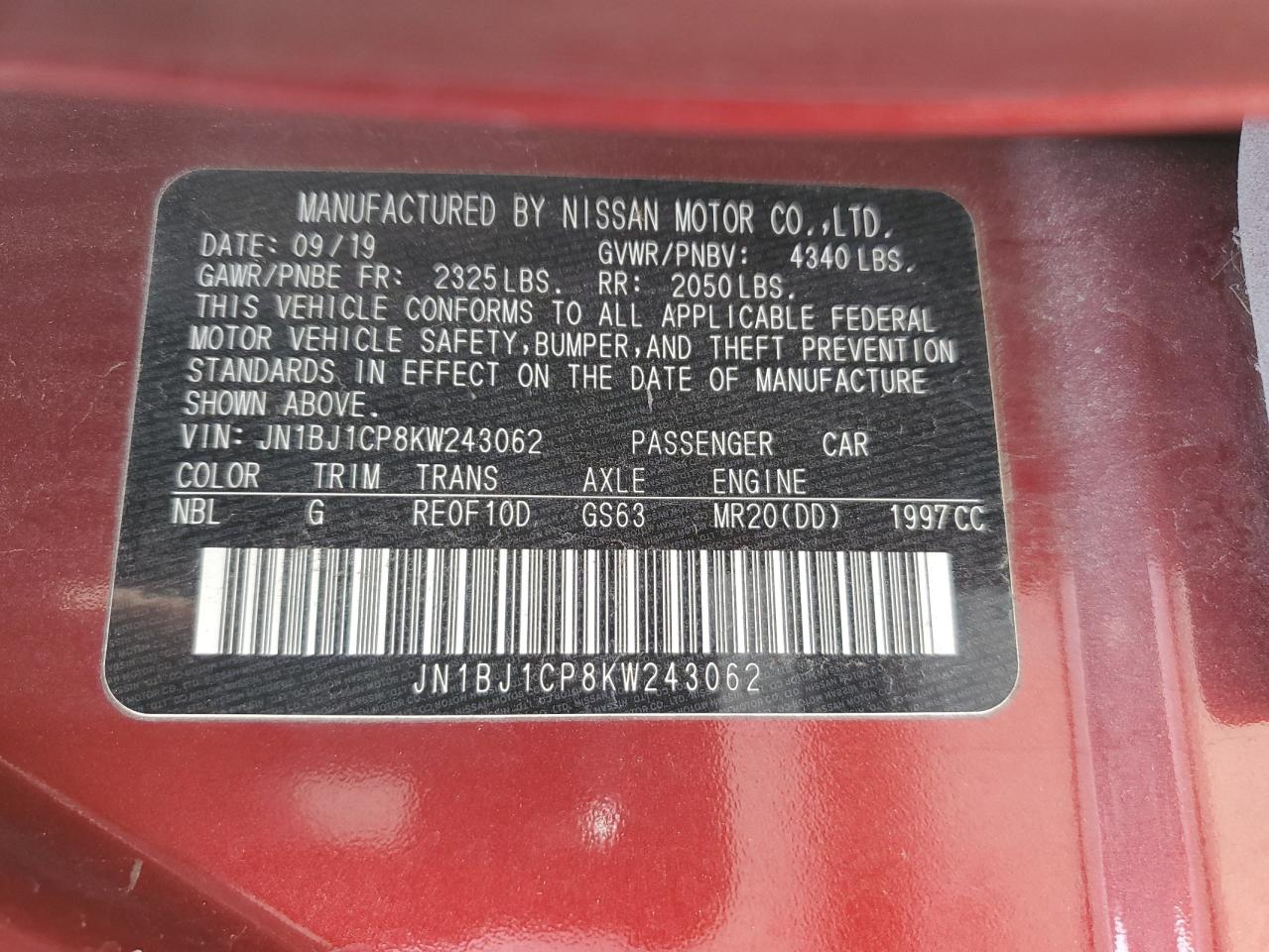 2019 Nissan Rogue VIN JN1BJ1CP8KW243062 Copart auction photo, front end damage thumbnail 14