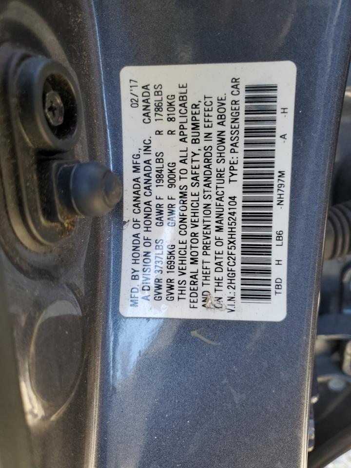 2017 Honda Civic VIN 2HGFC2F5XHH524104 Copart auction photo, front end / side damage thumbnail 12