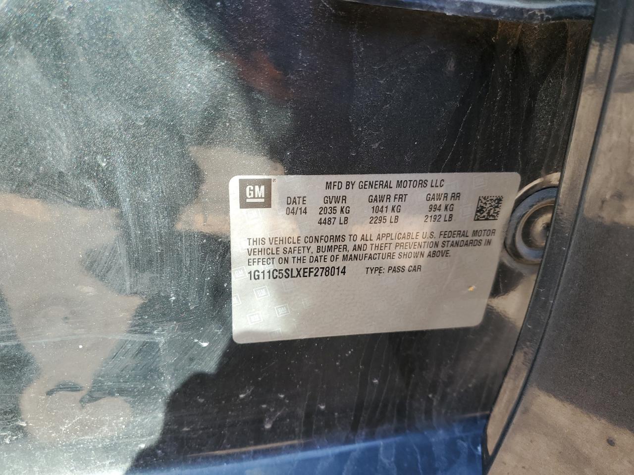 2014 Chevrolet Malibu VIN 1G11C5SLXEF278014 Copart auction photo, rear end damage thumbnail 12