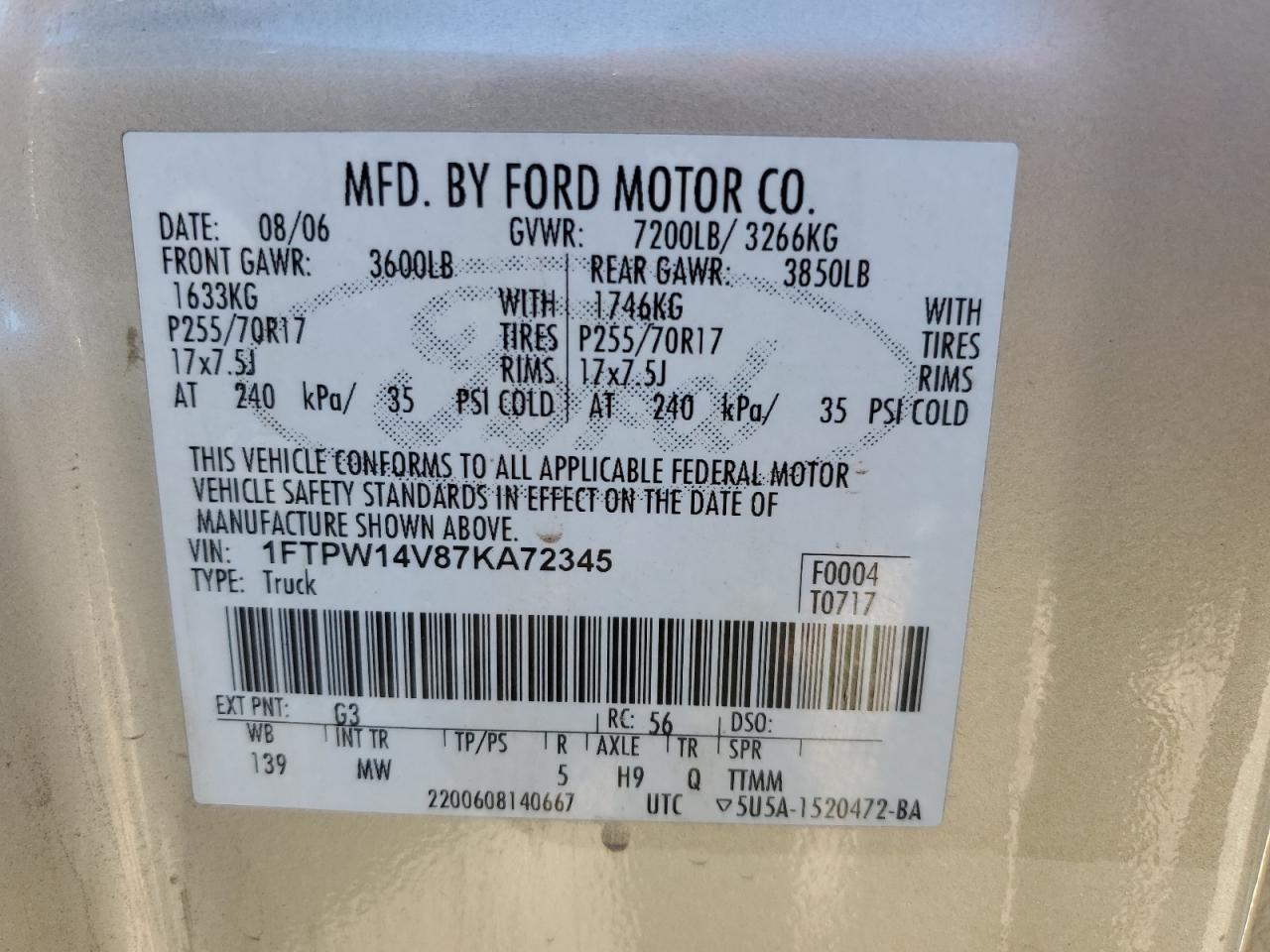 2007 Ford F-150 VIN 1FTPW14V87KA72345 Copart auction photo, front end damage thumbnail 12