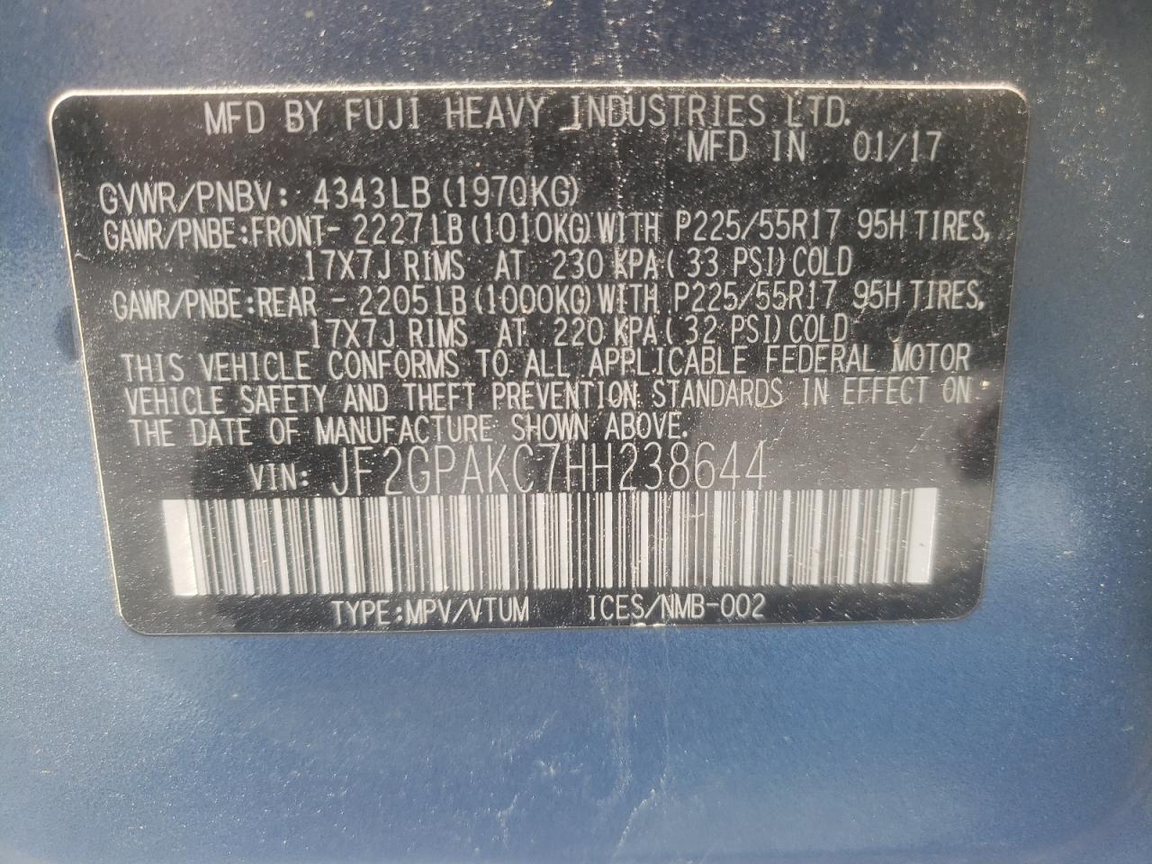 2017 Subaru XV VIN JF2GPAKC7HH238644 Copart auction photo, water/flood / minor dent/scratches damage thumbnail 12