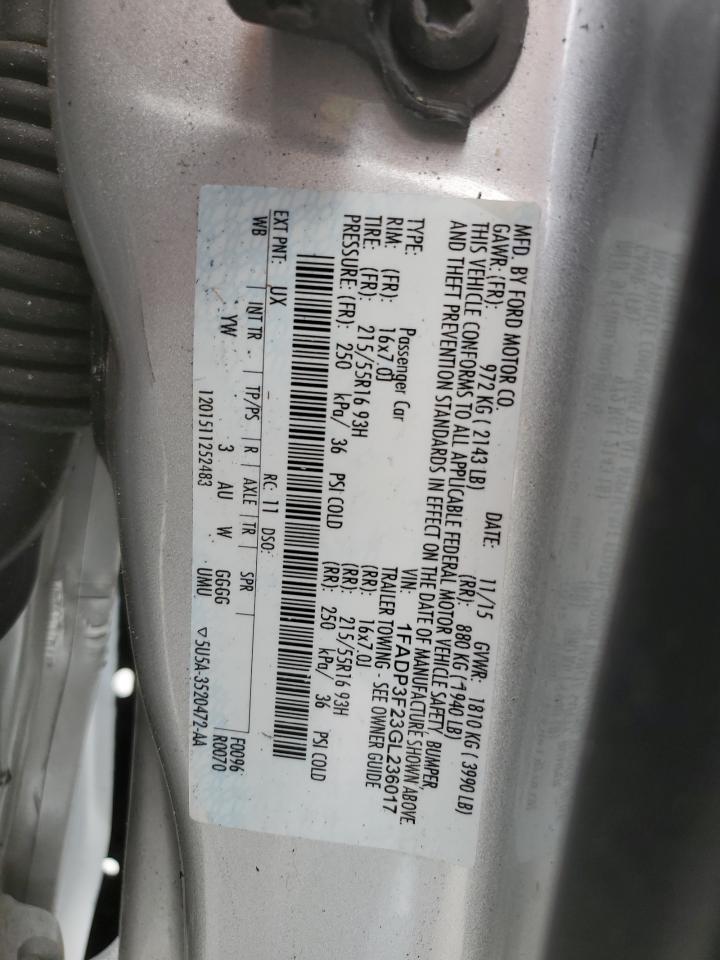 2016 Ford Focus VIN 1FADP3F23GL236017 Copart auction photo, front end / side damage thumbnail 13