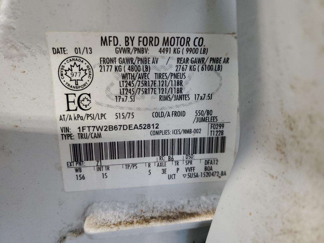 2013 Ford F250 VIN 1FT7W2B67DEA52812 Copart auction photo, front end / side damage thumbnail 13