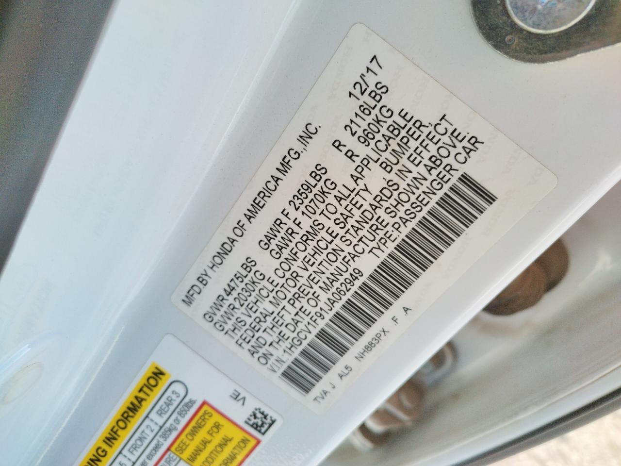 2018 Honda Accord VIN 1HGCV1F91JA062949 Copart auction photo, rear end damage thumbnail 14
