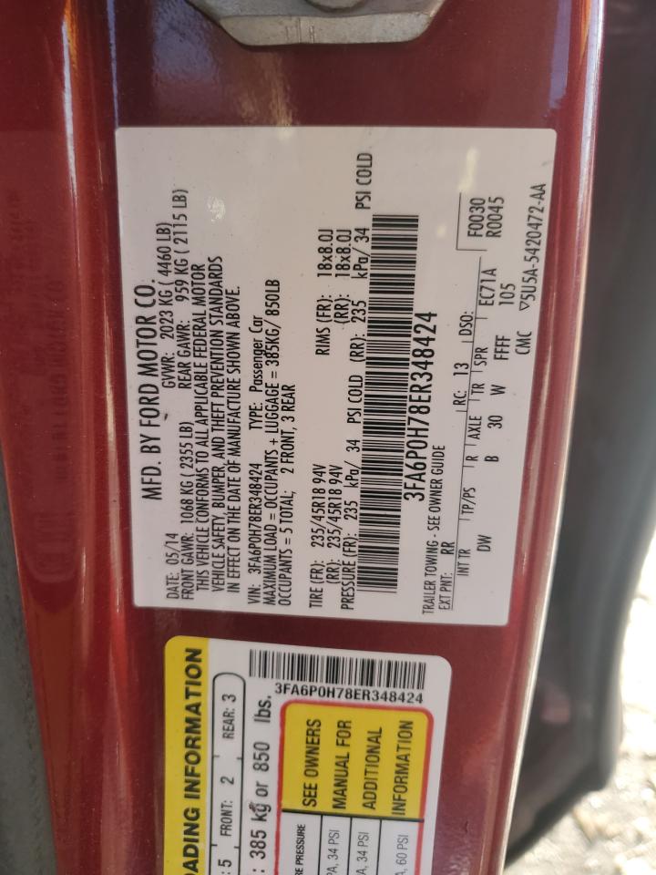 2014 Ford Fusion VIN 3FA6P0H78ER348424 Copart auction photo, front end / minor dent/scratches damage thumbnail 12