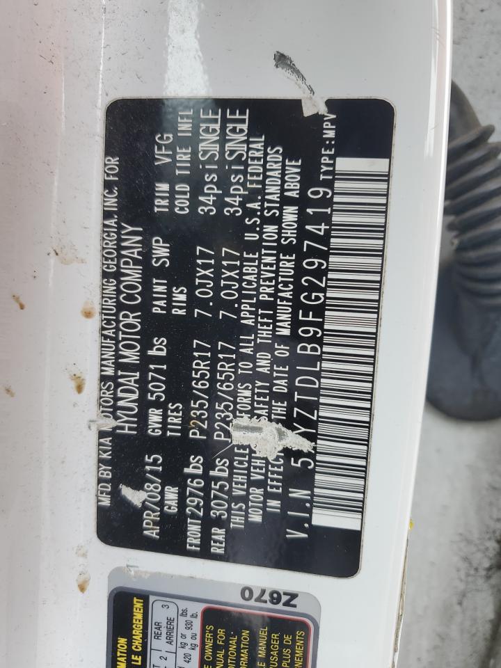 2015 Hyundai Santa Fe VIN 5XYZTDLB9FG297419 Copart auction photo, front end damage thumbnail 14