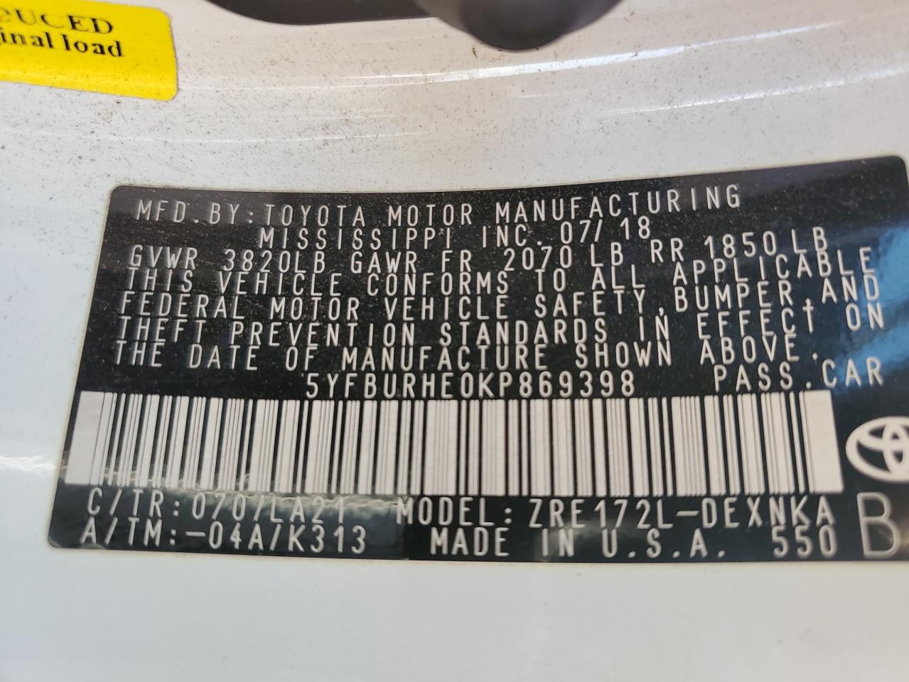 2019 Toyota Corolla VIN 5YFBURHE0KP869398 Copart auction photo, front end / minor dent/scratches damage thumbnail 12