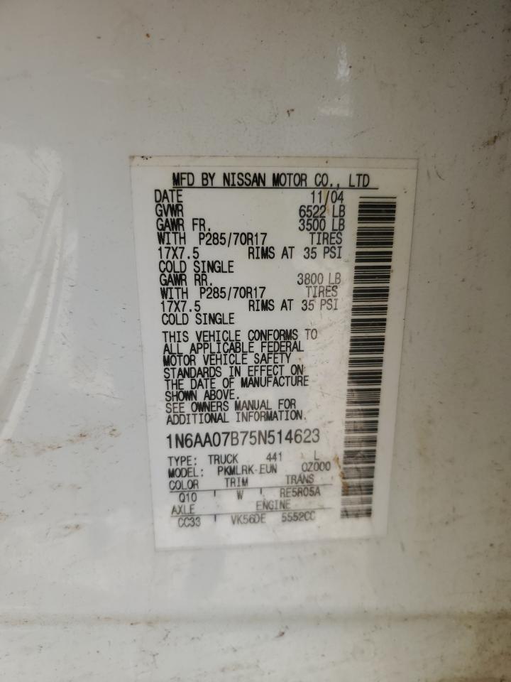 2005 Nissan Titan VIN 1N6AA07B75N514623 Copart auction photo, all over damage thumbnail 12