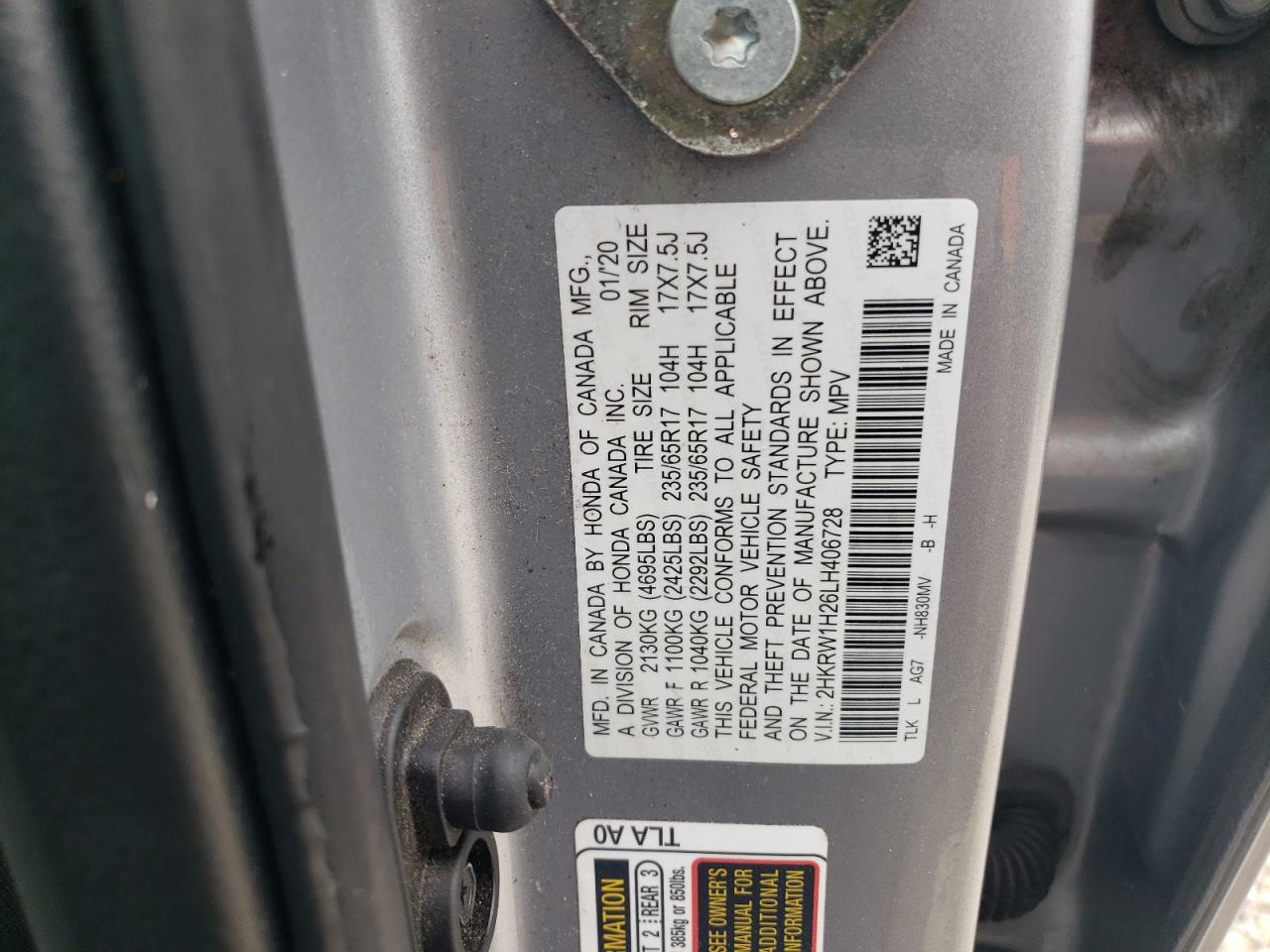 2020 Honda CR-V VIN 2HKRW1H26LH406728 Copart auction photo, side / front end damage thumbnail 14