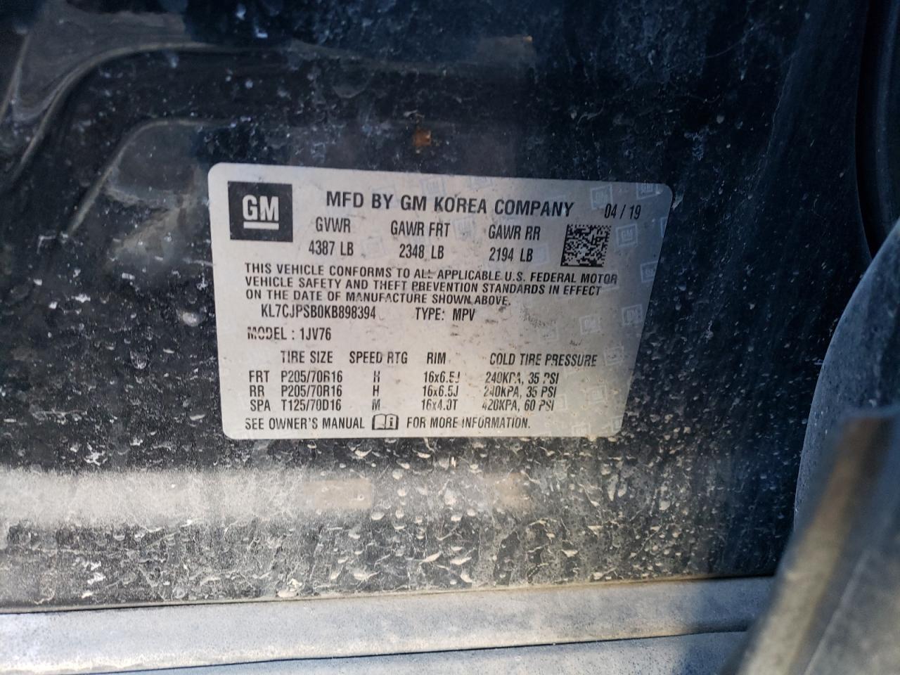 2019 Chevrolet Trax VIN KL7CJPSB0KB898394 Copart auction photo, front end / hail damage thumbnail 15