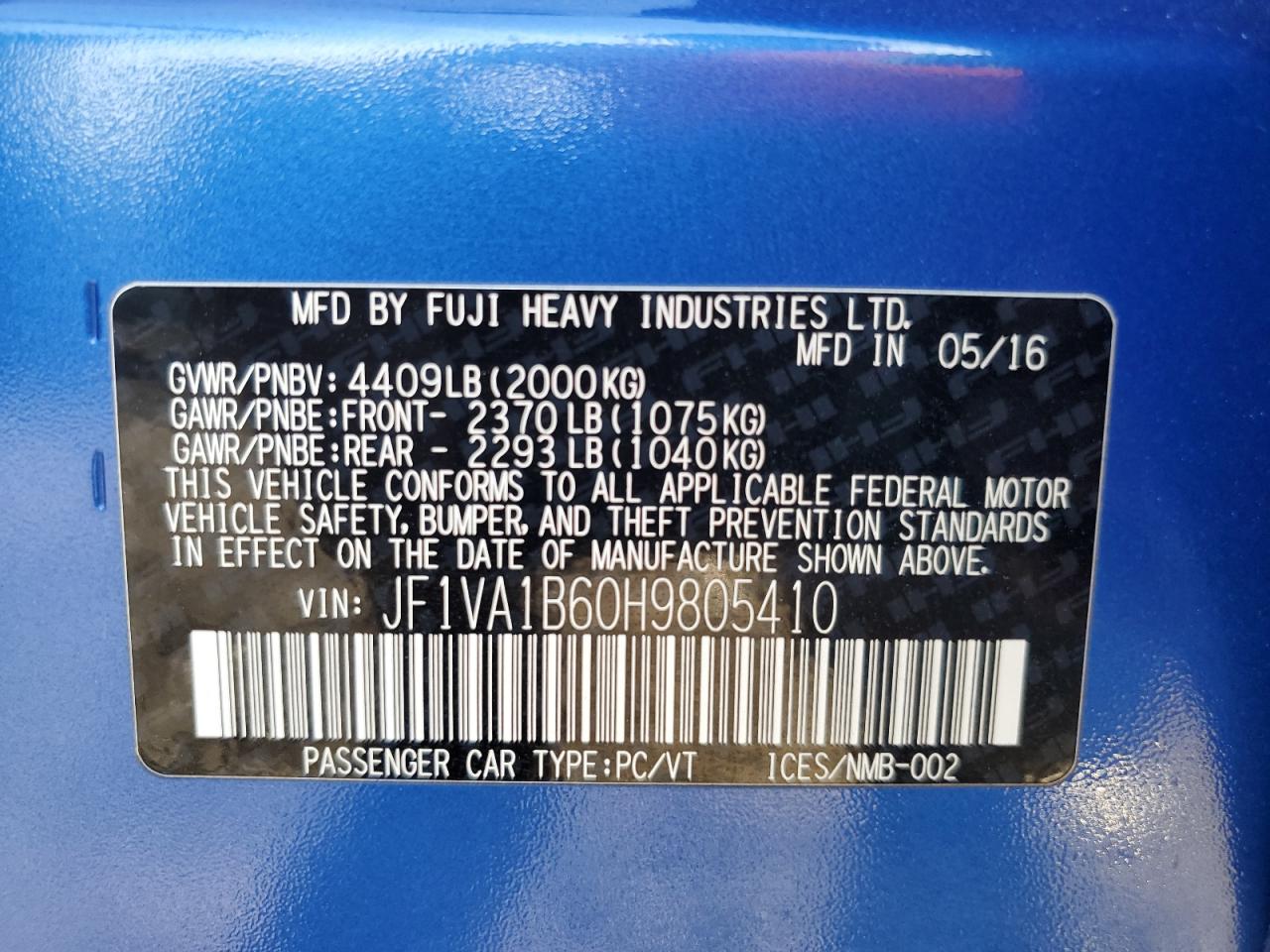 2017 Subaru WRX VIN JF1VA1B60H9805410 Copart auction photo, front end damage thumbnail 15