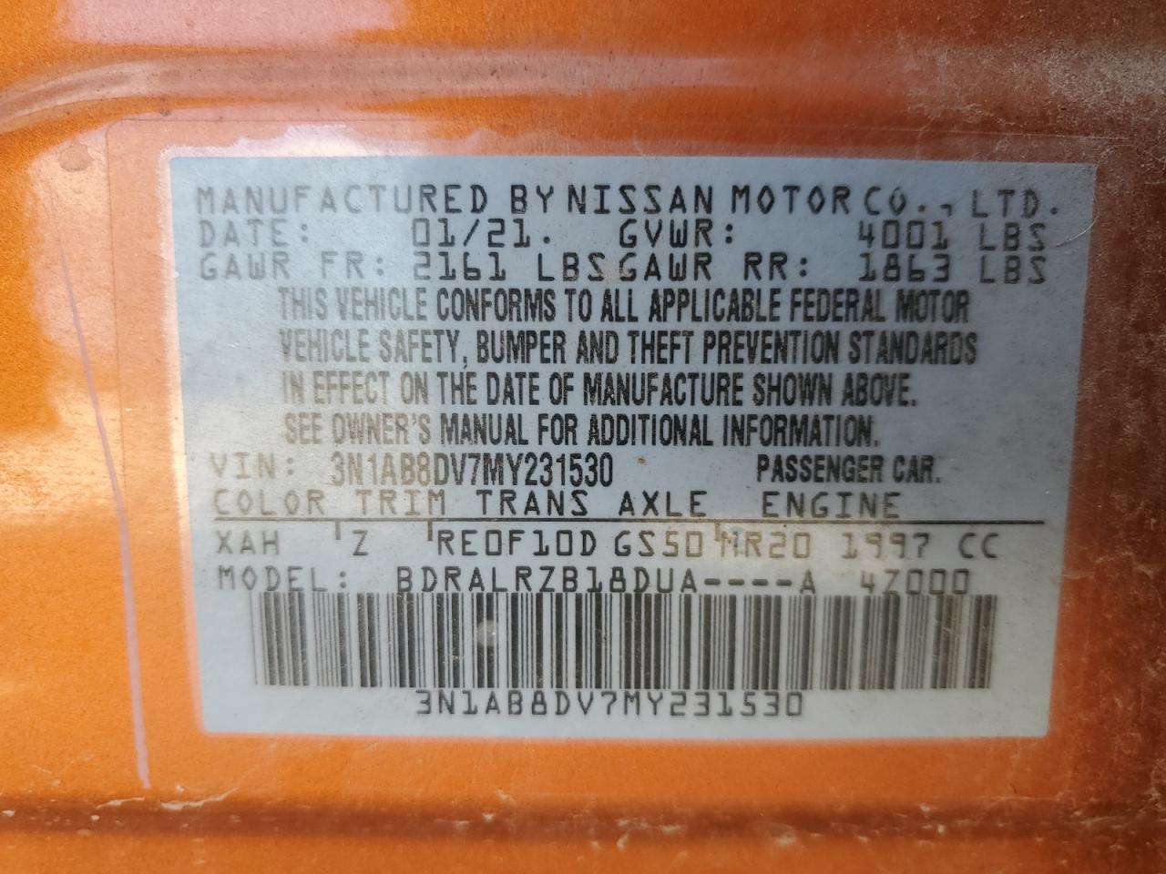 2021 Nissan Sentra VIN 3N1AB8DV7MY231530 Copart auction photo, side damage thumbnail 14