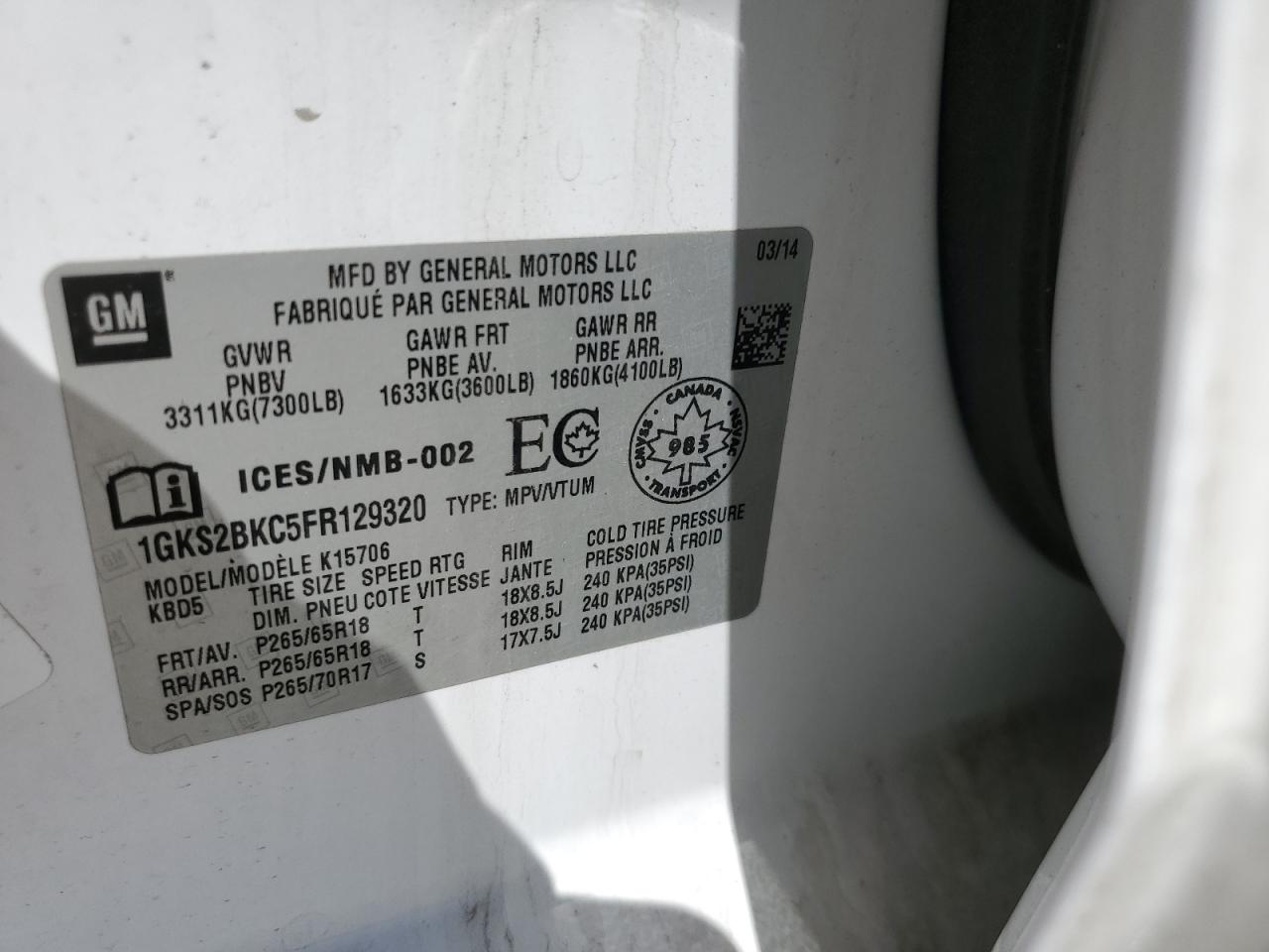 2015 GMC Yukon VIN 1GKS2BKC5FR129320 Copart auction photo, front end / undercarriage damage thumbnail 15