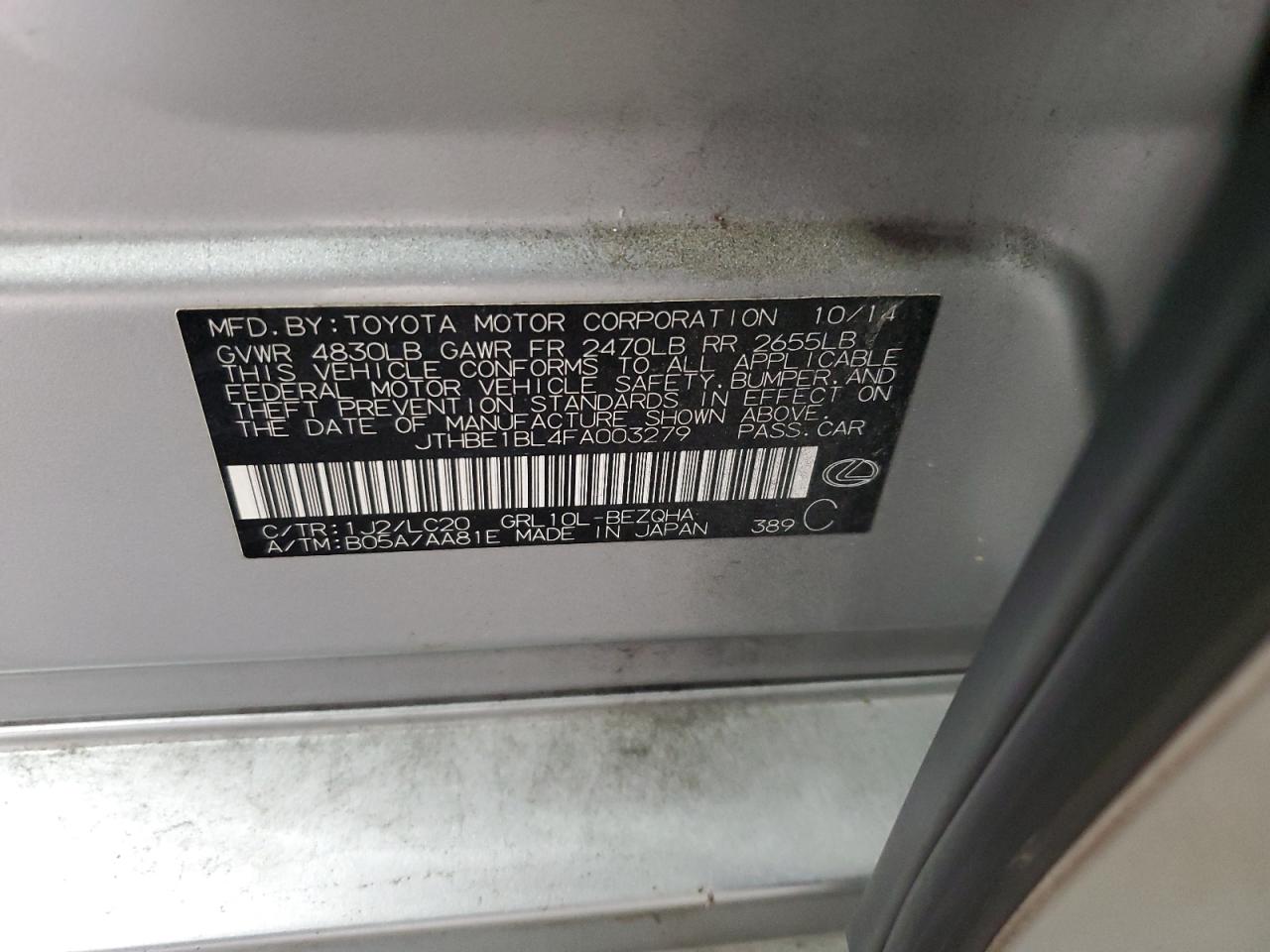 2015 Lexus GS VIN JTHBE1BL4FA003279 Copart auction photo, rear end damage thumbnail 12