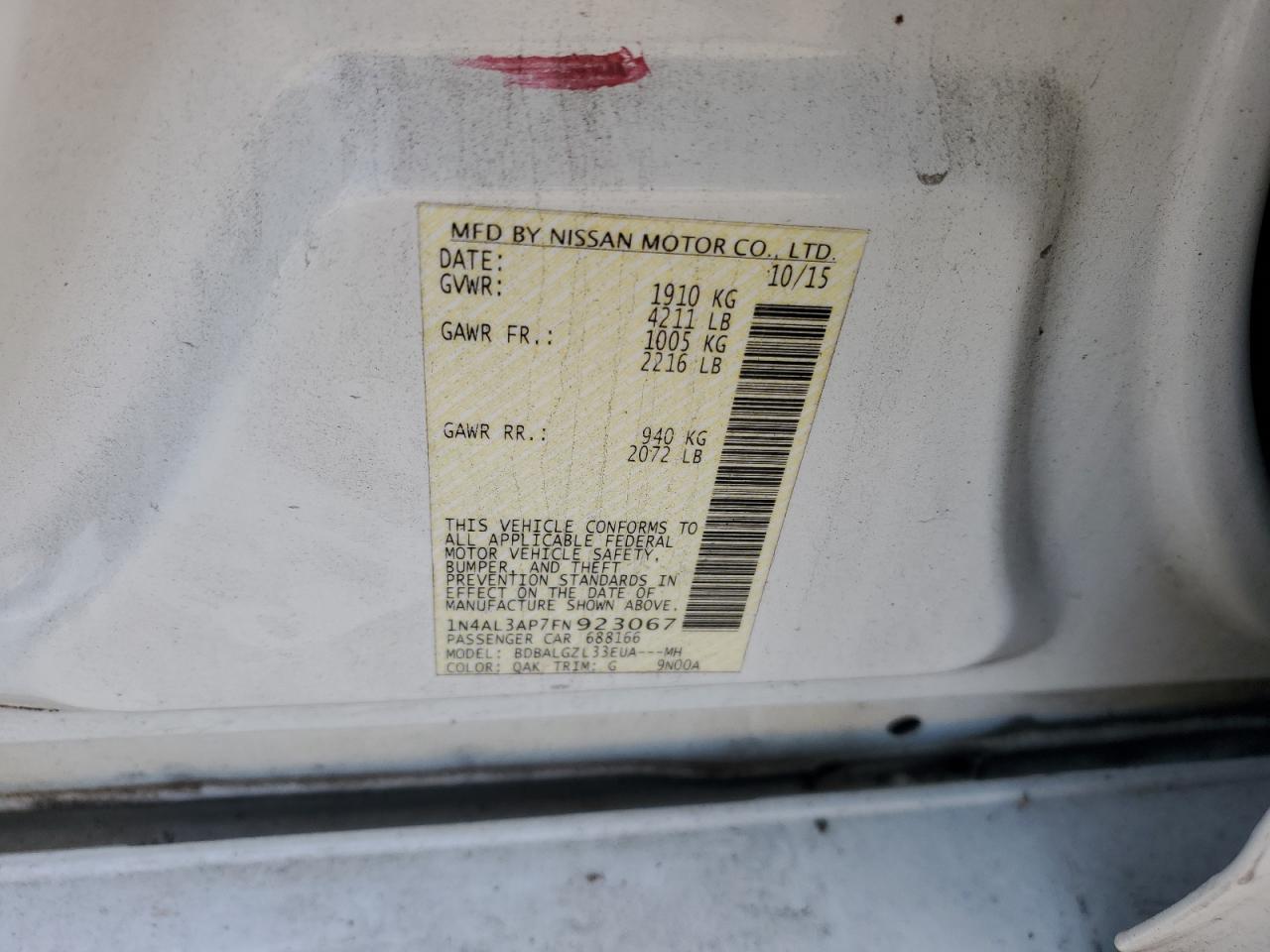 2015 Nissan Altima VIN 1N4AL3AP7FN923067 Copart auction photo, front end damage thumbnail 12