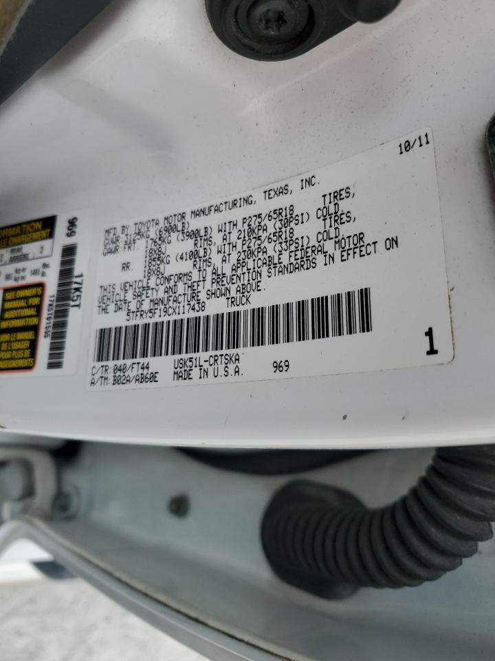 2012 Toyota Tundra VIN 5TFRY5F19CX117438 Copart auction photo, front end damage thumbnail 12