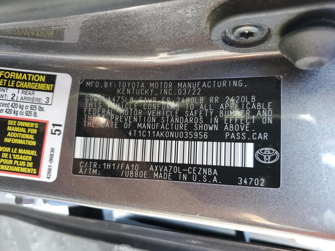 2022 Toyota Camry VIN 4T1C11AK0NU035956 Copart auction photo, all over / undercarriage damage thumbnail 14