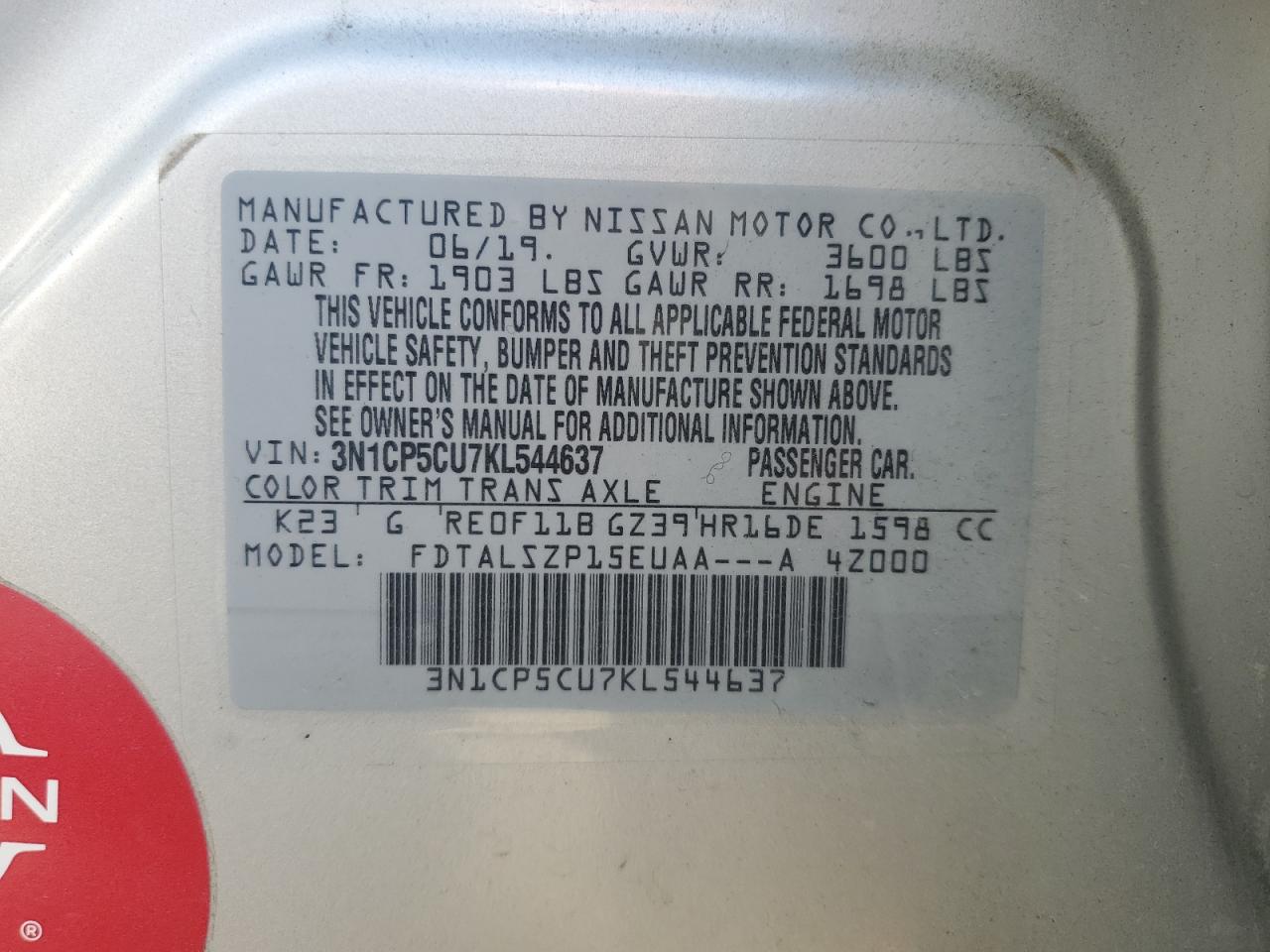2019 Nissan Kicks VIN 3N1CP5CU7KL544637 Copart auction photo, mechanical / minor dent/scratches damage thumbnail 12
