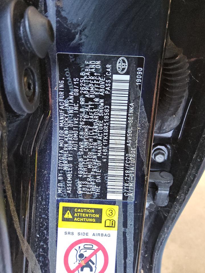 2016 Toyota Camry VIN 4T4BF1FKXGR518563 Copart auction photo, rear end damage thumbnail 12